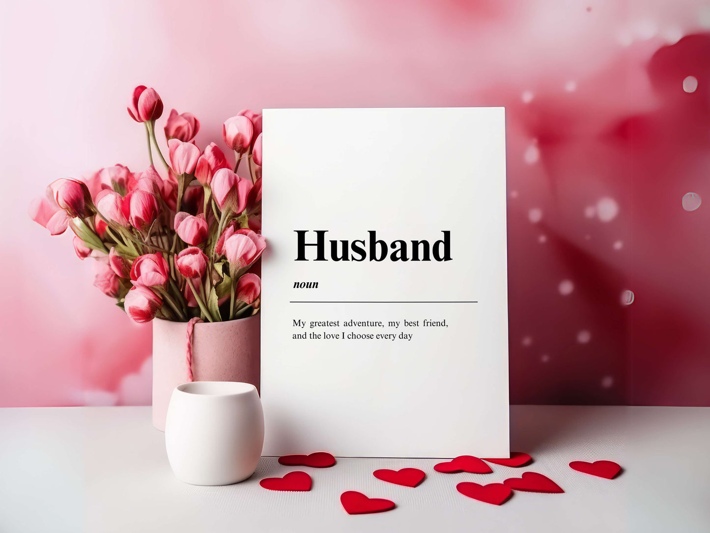 Celebrate the special bond with your husband with our "Husband - Definition Sign" in a charming Valentine's theme. This custom pine plaque sign is crafted with love, featuring unique license plate letters that add a