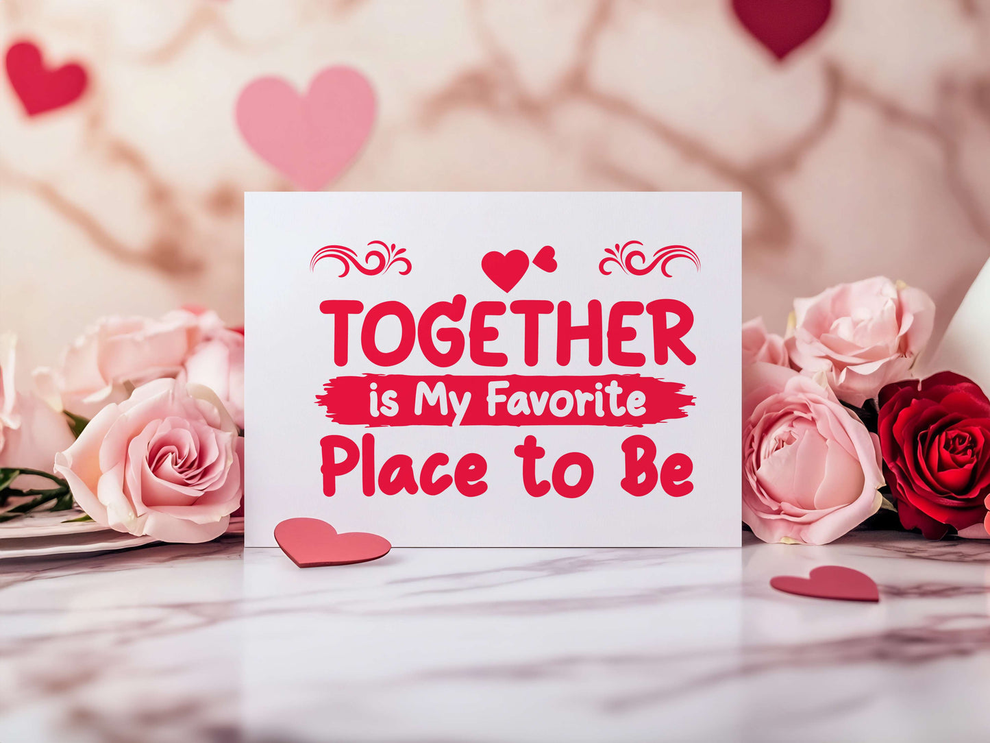 "Together Is My Favorite Place To Be" Sign - Embrace the warmth of love with this romantic sign, perfect for a Valentine's theme. Crafted from custom pine, this plaque features unique license plate letters