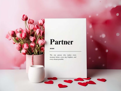 Partner Definition Sign: A Celebration of Love Introducing our "Partner Definition Sign," a beautifully crafted custom pine plaque that captures the essence of love and companionship. Perfect for Valentine's Day or any occasion that