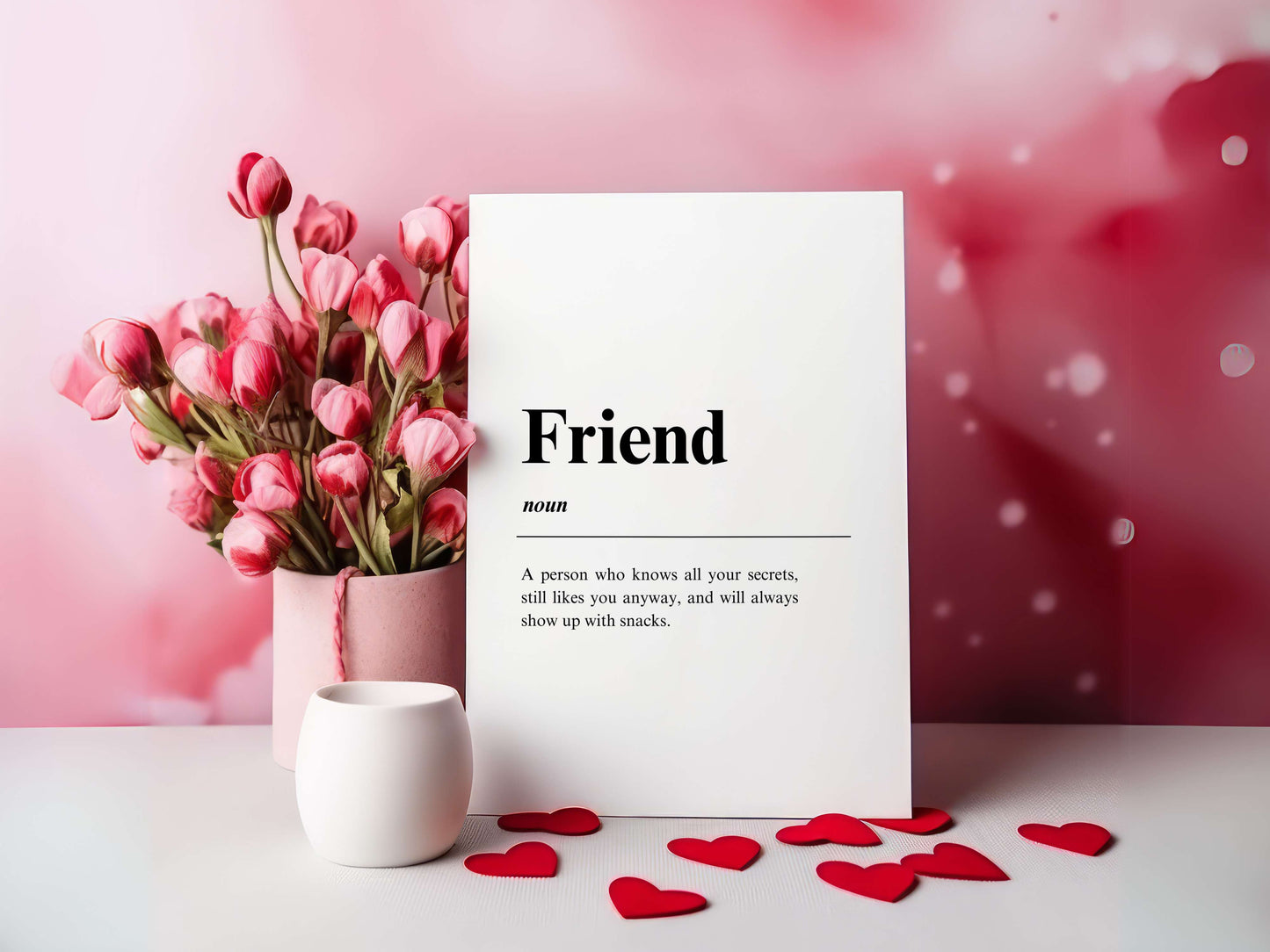 Friend - Definition Sign: Valentine's Theme Celebrate the essence of friendship with our Valentine's Themed Custom Pine Plaque Sign. This unique piece features a heartfelt definition of "Friend," crafted with love and