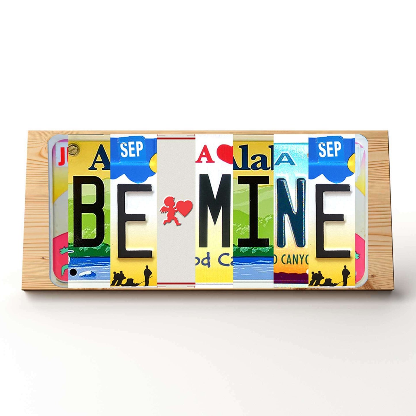 Eco-Friendly Valentine’s Decor: 6 inch by 12 inch BE💘MINE Recycled License Plate Letter Sign